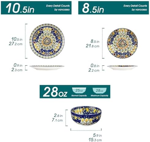 vancasso 12 Pieces Dinnerware Sets, Blue Plates and Bowls Set, Porcelain Dishes Set for 4, Microwave and Dishwasher Safe, Scratch Resistant, Bohemian Style Dining Ware Service for 4, Series SIMI - Image 2