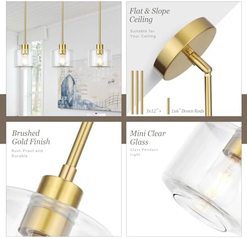 Brushed Gold Pendant Lights Kitchen Island 2 Pack, Modern Clear Glass Hanging Light Fixtures with Rods, Mini Kitchen Pendant Lighting Over Island for Sink Bathroom, OS-YQ8153-2PBGC - Image 2