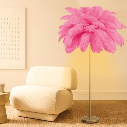 Feather Floor Lamp,Fluffy Ostrich Feather Floor Lamp for Bedroom,3 Color Temperatures Led Corner Modern Floor Lamps for Living Room Christmas Home Decor House Warming Gifts,63″ Height (Deep Pink) by Unknown