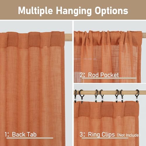 LAMIT Burnt Orange Semi Sheer Linen Curtains 90 Inch for Living Room - Image 3