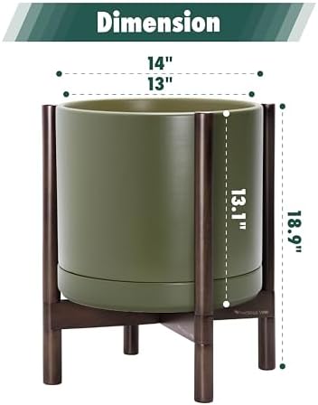 D'vine Dev Ceramic Pot with Walnut Wood Stand, Olive, 14 in, 55-B-T-J - Image 3