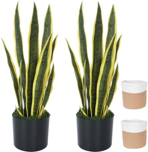 2PCS 22.5in Fake Snake Plant Golden Edged Sansevieria with Basket by HOENLE