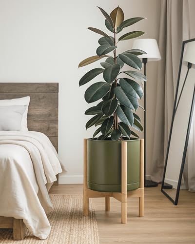 D'vine Dev Ceramic Pot with Natural Wood Stand, Olive, 12 in, 55-B-J-J - Image 6