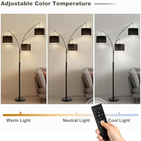 Floor lamp with Remote, 3 Light Arc Floor Lamps for Living Room, 2400LM Tall Standing Floor Lamps with Black Shades, 80" Large Floor Lamp for Bedroom, Office - Image 6