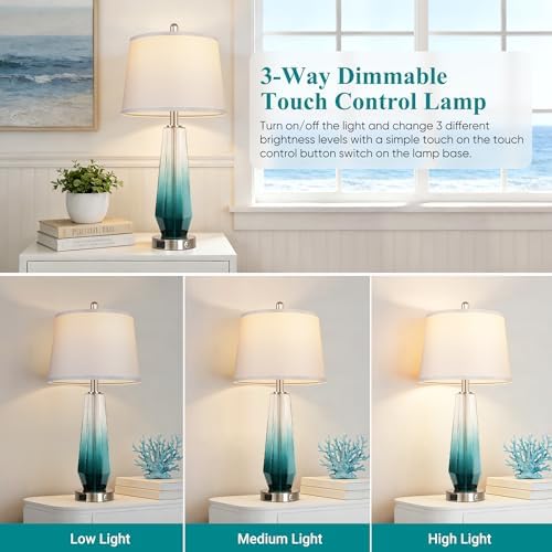 QiMH Glass Table lamps for living room, Modern Bedside Lamps for Bedrooms,27.5" Tall Nightstand Lamps Set of 2 with 3-Way Dimmable Touch Control, White Linen Shade,USB A/C Charging Ports,Gradient Teal - Image 2