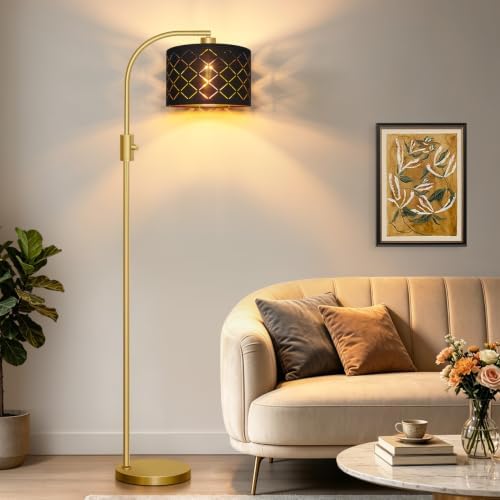 Nintiue Dimmable Floor Lamp, 1200 Lumens LED Edison Bulb Included, Arc Gold Floor Lamps for Living Room Modern Standing Lamp with Black Grid Shade - Image 6