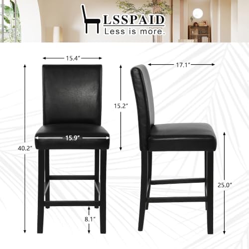 LSSPAID Counter Height Bar Stools Set of 2, 25 Inch Upholstered PU Leather Barstools, Modern Kitchen Island Chairs with Backrest and Solid Wood Legs, Black - Image 2