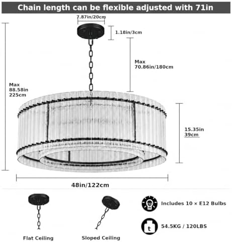 48-Inch Ripple Glass Chandelier, 2-Tier 10-Light Large Black Round Chandelier for Dining Rooms, Living Rooms, Foyers, Staircases, Open-Concept Spaces & High Ceiling - Image 2