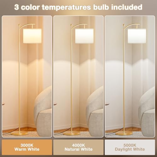 Ambimall 60" Floor Lamp for Living Room with 3 Color Temperatures, Adjustable White Shade with Gold Pole, Tall Lamp for Bedroom Office Classroom Dorm Room, 9W LED Bulb Included - Image 3