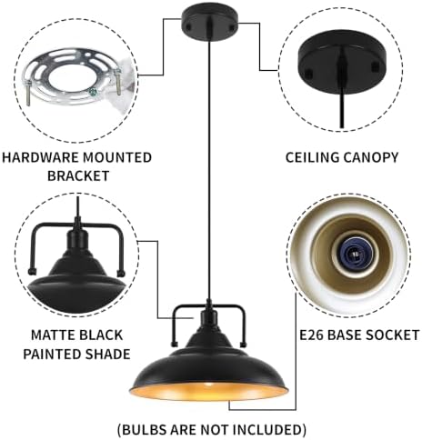 Black Pendant Light, Large Black and Gold Pendant Light 15.7" 3 Packs, Farmhouse Pendant Light, Island Pendant Lights, Kitchen Pendant Lights, Pendant Lights for Kitchen, Living Room - Image 7