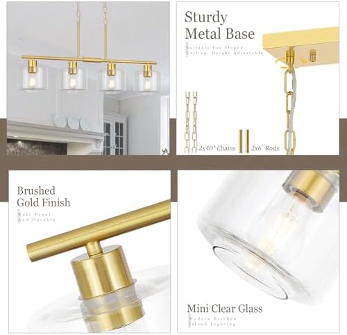 4-Light Brushed Gold Kitchen Island Lighting, Modern Linear Dining Room Chandelier Light Fixtures with Clear Glass and Chain, Mid Century Hanging Lights for Kitchen Island, OS-YQ8153-4ISBGC - Image 2