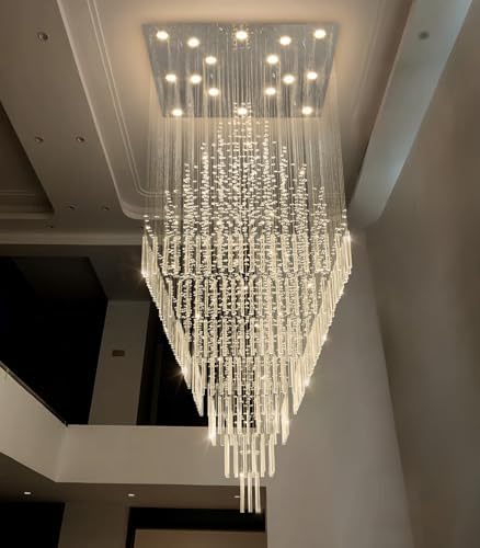 HAIXIANG W40 x H120 Glam Chandelier with LED Bulbs Square Chandeliers, Crystal Raindrop High Ceiling Pendant Light for Entrance Large Villa Chandelier Foyer Lighting Fixtures Silver - Image 3