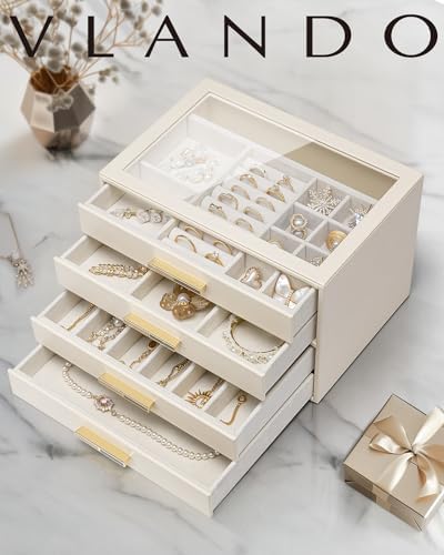 VLANDO 4 Layer Jewelry Box for Women, Glass Lid Jewelry Organizer with 4 Drawers for Necklaces Rings Earrings Bracelets - Cloud White - Image 4