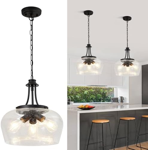 Modern Pendant Lights Kitchen Island, 3-Light Black Pendant Light Fixtures with 14.2" Clear Air Bubble Glass Shade, Industrial Hanging Pendant Lights Fixture for Kitchen Island, Dining Room, Entryway by BringBrightnesstoYourLife