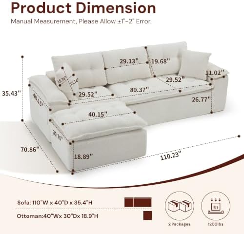 Korser 110" Cloud Sectional Boneless Couches for Living Room, Modern Modular Sectional Sofa with Ottoman, Cloud Couch with Comfy Deep Seats, Tufted Chenille L-Shape Sofa Couch for Living Room, Beige - Image 2