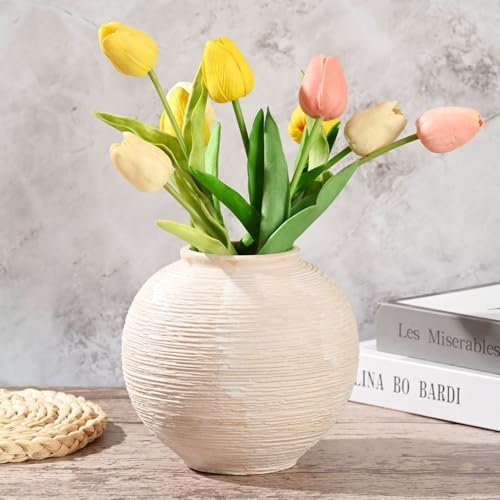 Rustic Ceramic Vintage Farmhouse Vase for Decor (Small Ribbed Whitewash) - Image 2