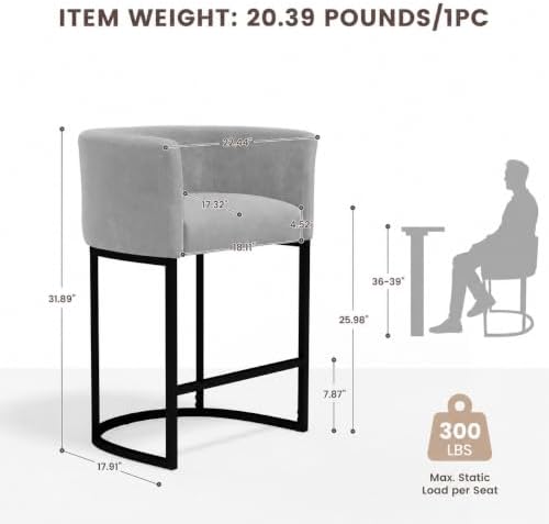 GRUSIGN Chenille Counter Height Bar Stools Set of 2, 26" Kitchen Island Stools with Arms & Footrest, Upholstered Barrel Back Bar Chairs for Kitchen, Dining Room, Bar & Lounge Area, Grey - Image 2