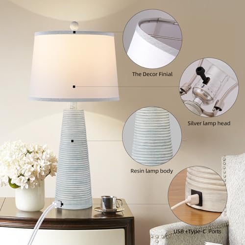 Terpsichore Nightstand Lamp Desk Lamp Vintage Bedside Lamps Set of 2 Rustic Farmhouse Table Lamps 3 Way Dimmable Light,Suitable for Living Room Bedroom,with Linen Shade LED Bulb,USB A+C Port - Image 6