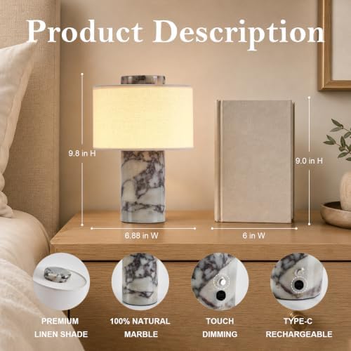 Marble Table Lamp, Rechargeable Cordless Touch Lamp with 3 Color Temperatures & Stepless Dimming, Natural Stone Bedside Night Light, Modern Wireless Lamp for Bedroom Nightstand - Image 5