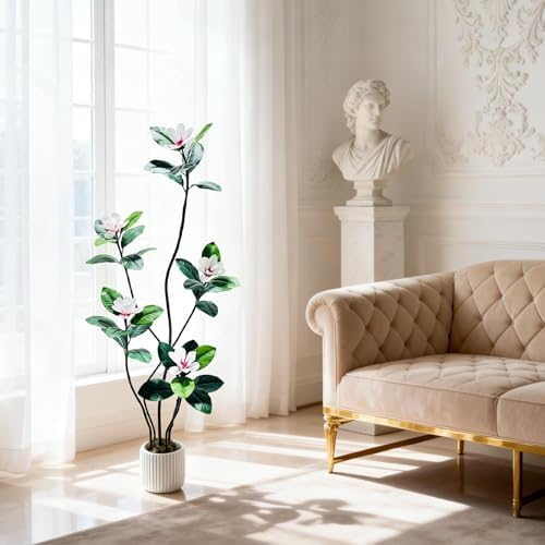 6FT Tall Lifelike Artificial Magnolia Tree with 5 Pcs Magnolia Flowers in White Planter Pot, Rubber Tree Faux Plants Indoor Artificial Plants & Flowers for Home Office Living Room Decor - Image 7