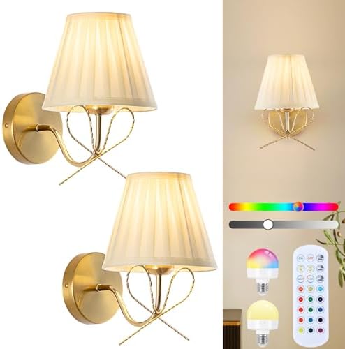 Cordless Battery Operated Wall Sconces Set of Two, Vintage Gold Sconces Wall Decor, Rechargeable Dimmable LED Lights with 15 Colors, Bow Wireless Wall Lamp for Bedroom Living Room Hallway by Unknown