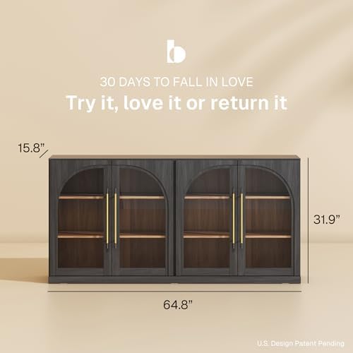 BELLEZE 2-Piece 65" Arched Sideboard with Glass Door, Accent Buffet Cabinet with Storage and Adjustable Shelves, Classic Modern Large Console for Living Room Kitchen Entryway (Ebony) - Image 2