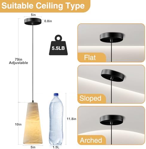 Natural Alabaster Pendant Lights Kitchen Island, H-10in White Pendant Light Fixtures, Light Pendant Marble Conical Shade Black, for Bedroom Bathroom Dining Room Living Room (Dimmable Bulbs INCL) - Image 2