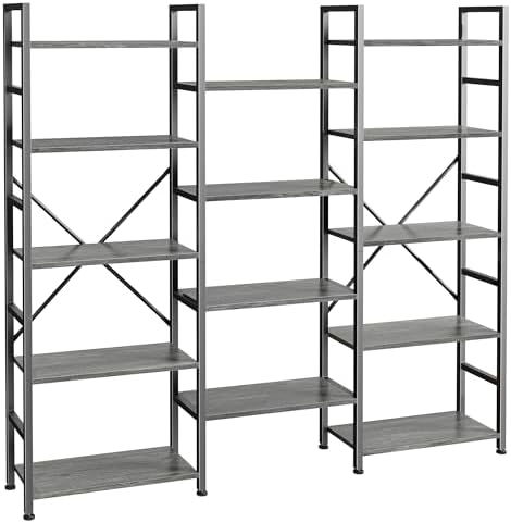 SUPERJARE Triple Bookshelf, Bookcase with 14 Open Display Shelves, Wide Book Shelf Book Case for Home & Office, 5 Tier, Grey by SUPERJARE