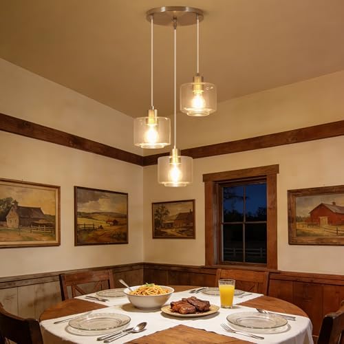 Brushed Nickel Dining Room Chandelier Light Fixture, 3-Light Pendant Lighting with Clear Glass, Modern Kitchen Island Cluster Hanging Pendant Lights for Kitchen Dining Room, OS-YQ8153-3BNC - Image 5