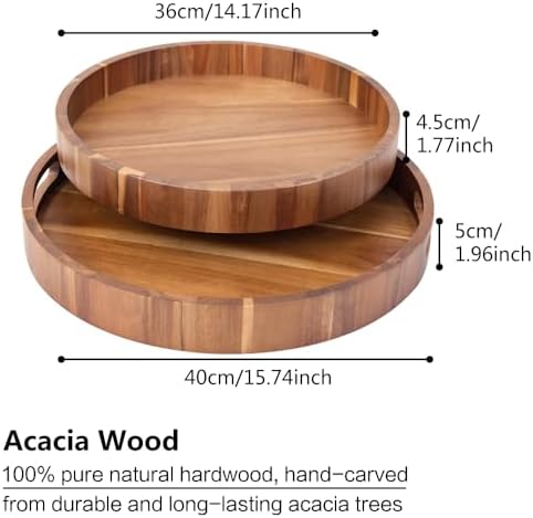 Round Wood Serving Trays Set of 2, Ottoman Tray Rustic Acacia Wooden Trays with Handles, Nesting Circle Tray with 4 Coasters for Coffee Table Living Room Bathroom Bedroom Party - Image 4