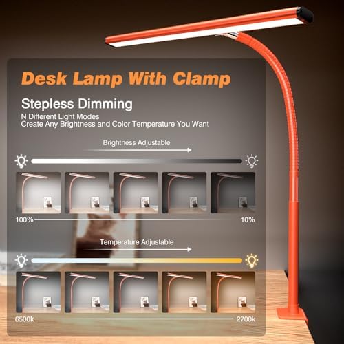 Airlonv LED Desk Lamp with Clamp, 17" Stepless Dimming Light, Orange - Image 2