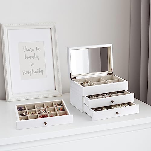 Meangood Jewelry Box Organizer for Women, 3 Layer Large Jewelry Storage Case, Rustic Wooden Jewelry Box with Mirror & Ring Tray for Necklace Earring Bracelets Rings, Vintage Style (White) - Image 4