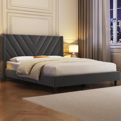 Yaheetech Queen Bed Frame with Chevron Channel-Tufted Headboard, Dark Gray - Image 3
