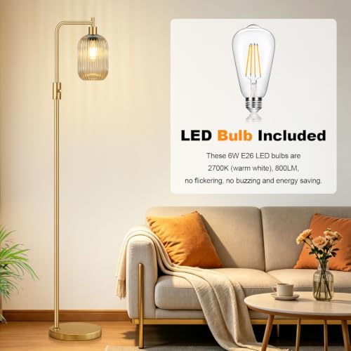 【Upgraded】 Dimmable Floor Lamp for Living Room with Amber Ribbed Glass Lampshade, Gold Modern Floor Lamp with 900LM LED Bulb Included, Arc Standing Tall Lamp for Bedroom, Office, Reading Room, Corner - Image 7