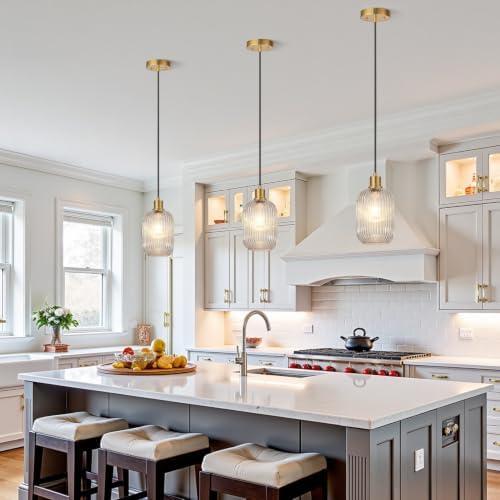 2 Pack Pendant Lights with Vintage Clear Ribbed Glass Lampshade, Adjustable Brushed Gold Pendant Lights Fixtures for Kitchen Island Lighting Sink, Dining & Living Room Hallway (Bulbs Not Included) - Image 6