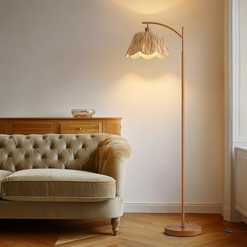 Oneach Rattan Floor Lamp for Bedroom, Boho Floor Lamp with Foot Switch, Farmhouse Standing Lamps for Living Room with Hand-Woven Shade, Walnut Metal Base & Pole - Image 2