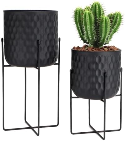 TRIROCKS Set of 2 Metal Planters with Stand, Small Indoor Plant Pots 8" D x 18" H & 7" D x 12" HModern Decorative Flower Pots for Living Room, Entryway, Office, Balcony(Black) by TRIROCKS