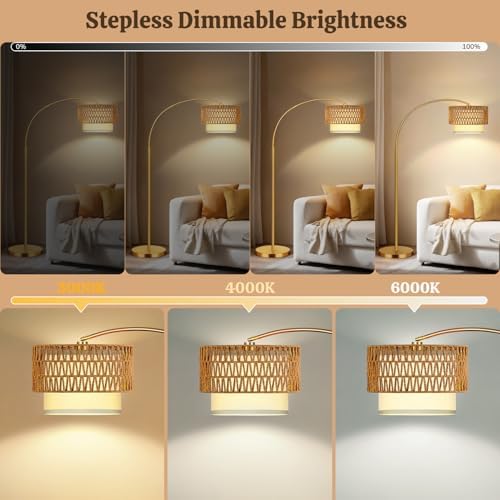 Gold Floor Lamps for Living Room, Arc Floor Lamp with Remote & Dimmable Bulb, Boho Standing lamp with 3 Color Temperatures, Adjustable Rattan & Fabric Shades Tall Lamp, Over Couch Reading Lamp - Image 6