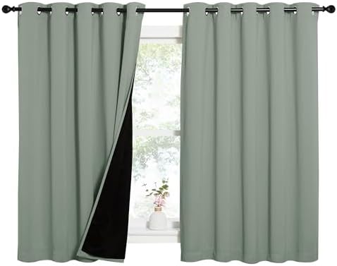 NICETOWN Greyish Green 100% Blackout Lined Curtains, 2 Thick Layers Completely Blackout Window Treatment Thermal Insulated Drapes for Kitchen/Bedroom (1 Pair, 62" Width x 63" Length Each Panel) by NICETOWN