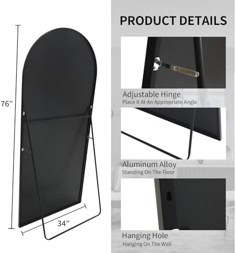 Beauty4U 76" x 34" Arched Full Length Mirror with Stand, Black Floor Mirror - Image 3