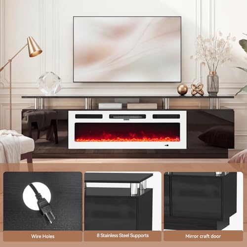 90" TV Stand for Living Room, Large Entertainment Center & Media Console, Fits TVs up to 100", Storage Cabinet with Shelves, 50" Electric Fireplace, Black & White - Image 5