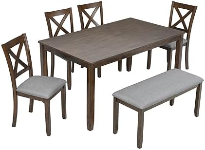 Merax 6-Piece Farmhouse Solid Wood Dining Table Set for 4-6, Walnut - Image 4