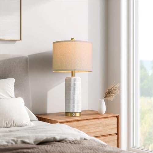 PoKat Stone-Like Ceramic Table Lamps with USB Ports for Bedroom, 25'' Matte-White Dimmable Nightstand Touch Lamps for Night Stands with Gold Base, Farmhouse Lamps for Living Room End Side Table - Image 6