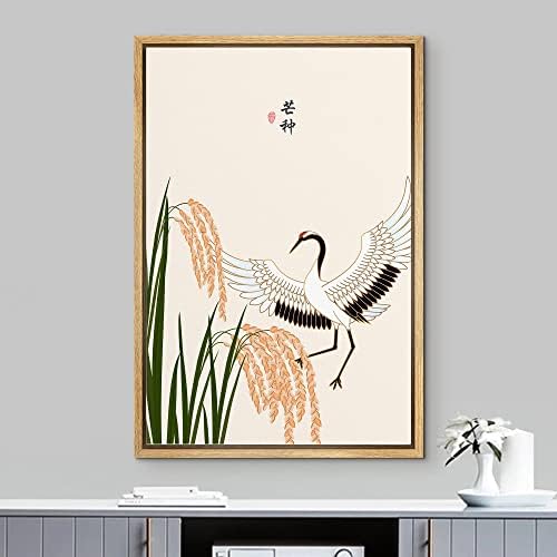 NWT Framed Canvas Print Wall Art Asian Style White & Red Crane in Marsh Field Birds Plants Illustrations Modern Art Rustic Scenic Colorful Pastel for Living Room, Bedroom, Office - 24"x36" Natural - Image 2