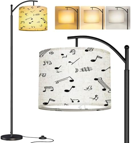 Modern Arc Floor Lamp, Seamless pattern sketch musical theme notes music treble clef Standing Lamp with Hanging Linen Shade Adjustable Foot Switch for Living Room Bedroom Study Room Office by Unknown