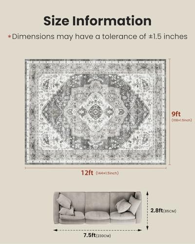 Amada Large 9x12 Washable Area Rug for Living Room, Grey, Vintage Pattern - Image 2