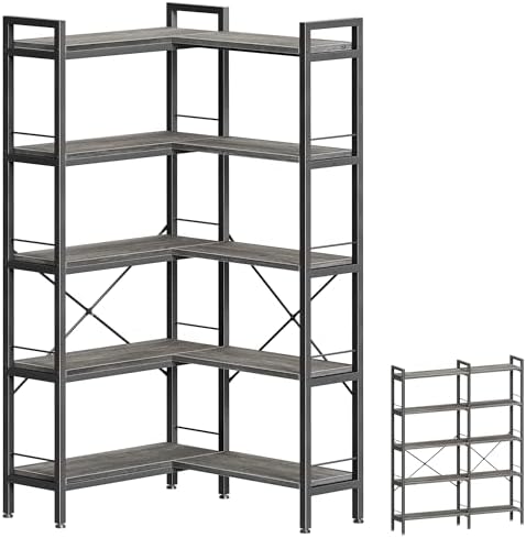 Huuger 5 Tier Bookshelf, L Shaped Corner Bookshelf with 10 Open Shelves, 49.4 Inch Straight Wide Bookcase with Metal Frame and Wooden Board, Adjustable Feet, Grey by Huuger