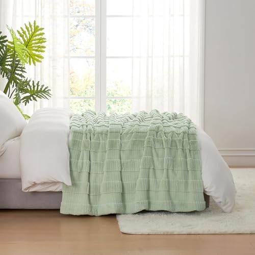 Amélie Home Luxury Striped Faux Fur Throw Blanket for Couch, Soft Cozy Fuzzy Fluffy Soft Plush Blankets Sofa Chair Gift Blankets for Women, 60"x80", Sage Green - Image 6