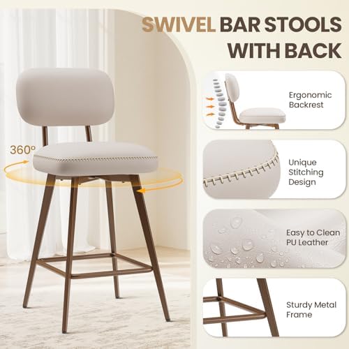 MALOL 26“ PU Leather Swivel Bar Stools Set of 6, Mid Century Counter Height Bar Chairs with Low Back and Metal Legs, Modern Bar Stool Chair for Kitchen Island, Beige - Image 3