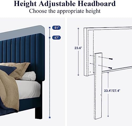 Allewie Queen Bed Frame, Velvet Upholstered Platform Bed with Adjustable Vertical Channel Tufted Headboard, Mattress Foundation with Strong Wooden Slats, Box Spring Optional, Easy Assembly, Navy Blue - Image 6